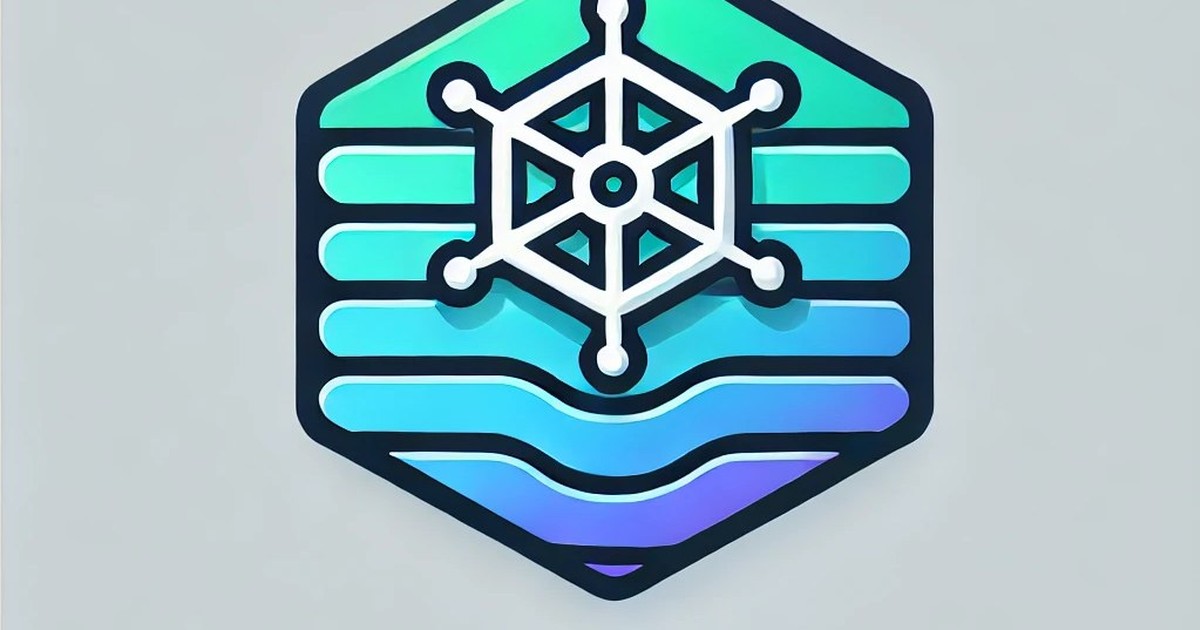 Stylized hexagonal Kubernetes wheel graphic with a wave motif